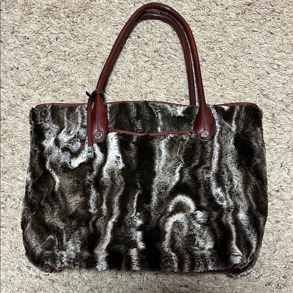 MAKOWSKY Faux Fur Tote Bag with Brown Leather Handles